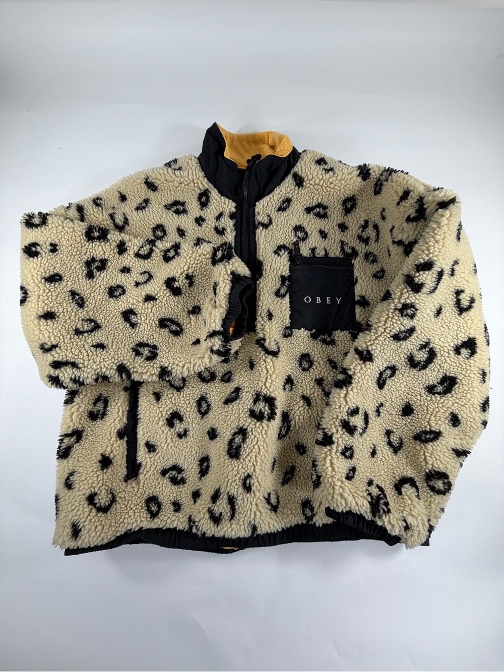 Obey Leopard Print Sherpa Fleece Pullover Quarter Zip Jacket Women’s S